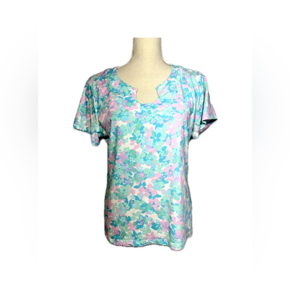 Hearts of Palm Floral Short Sleeve Top Pastel Colors Size Medium Flutter Sleeve